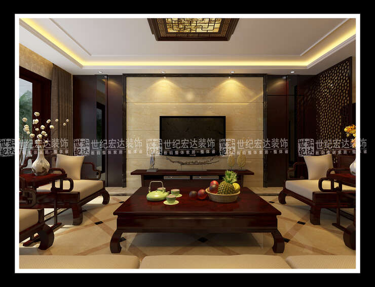 客厅统一中式风格，电视背景墙采设隐形门，另一侧与其对称，对称大气。