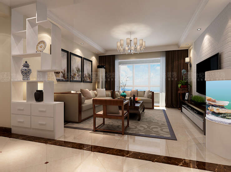 从走廊看向客厅，地柜多宝格与空间完美融合，通过简中式家具和色彩元素搭配，表现出简中式那种无形的大气。
