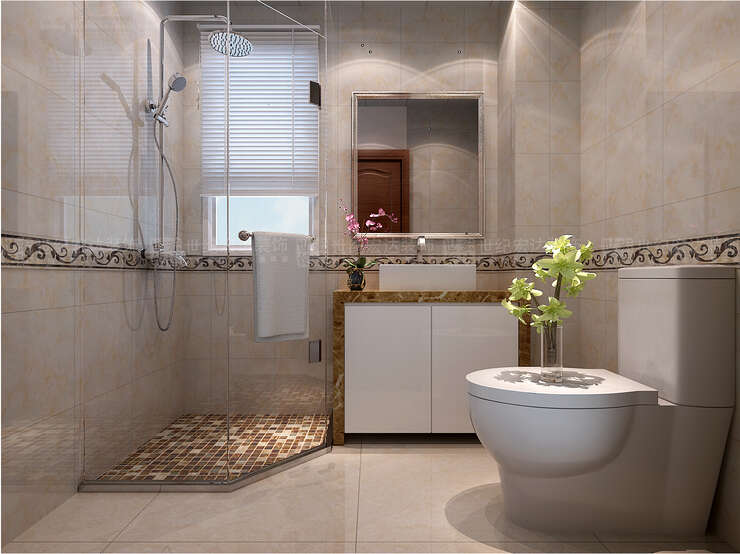 卫生间台上盆的设计以及玻璃隔断的设计都使整个空间合理实用，以及马赛克和瓷砖腰线的选择都使整个空间富有格调。