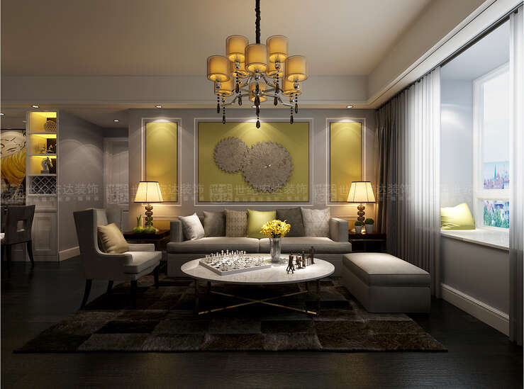 客厅沙发背景墙的设计，和影视墙相呼应，简洁大方线条和淡黄色护墙板造型，搭配一组简单的装饰品。通过现代软装饰品和色彩元素的相互转换，表达出另一种现代简约的设计理念