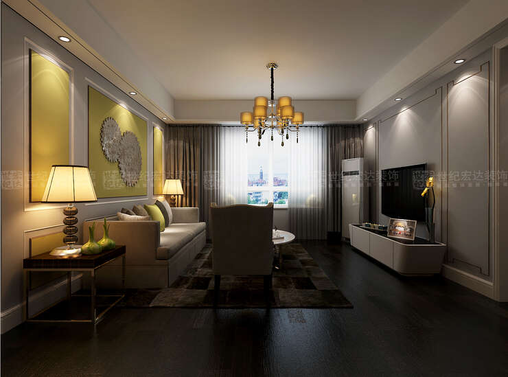 客厅设计简洁大方，吊顶的勾缝设计，搭配上现代感十足的家具，灯具，融合整个空间，突出整个空间和谐宁静。